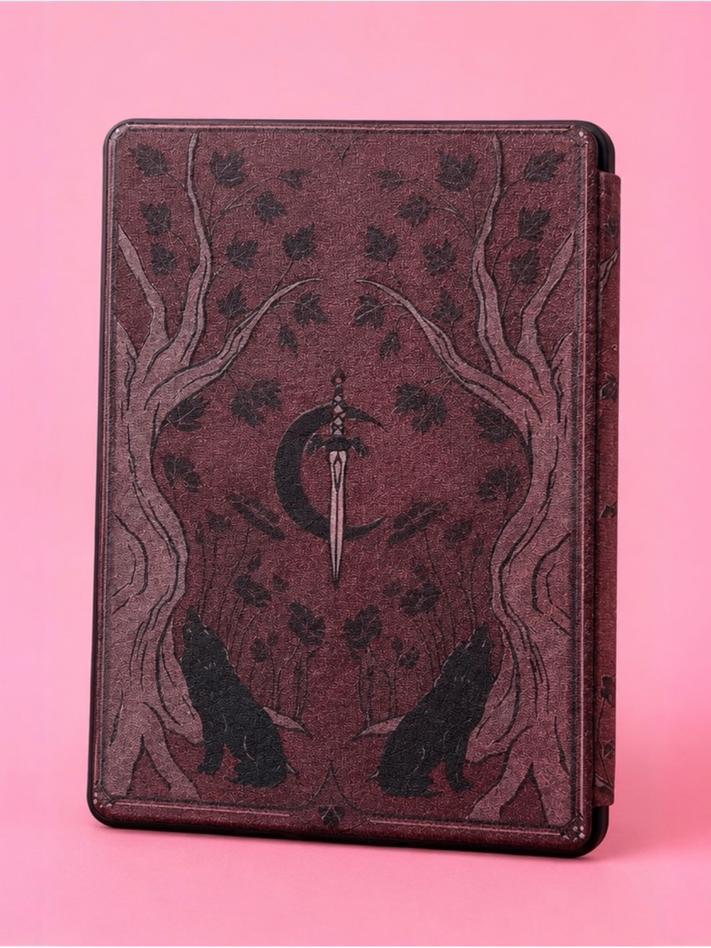 Kindle Case in Burgundy with Wolf & Crescent Design